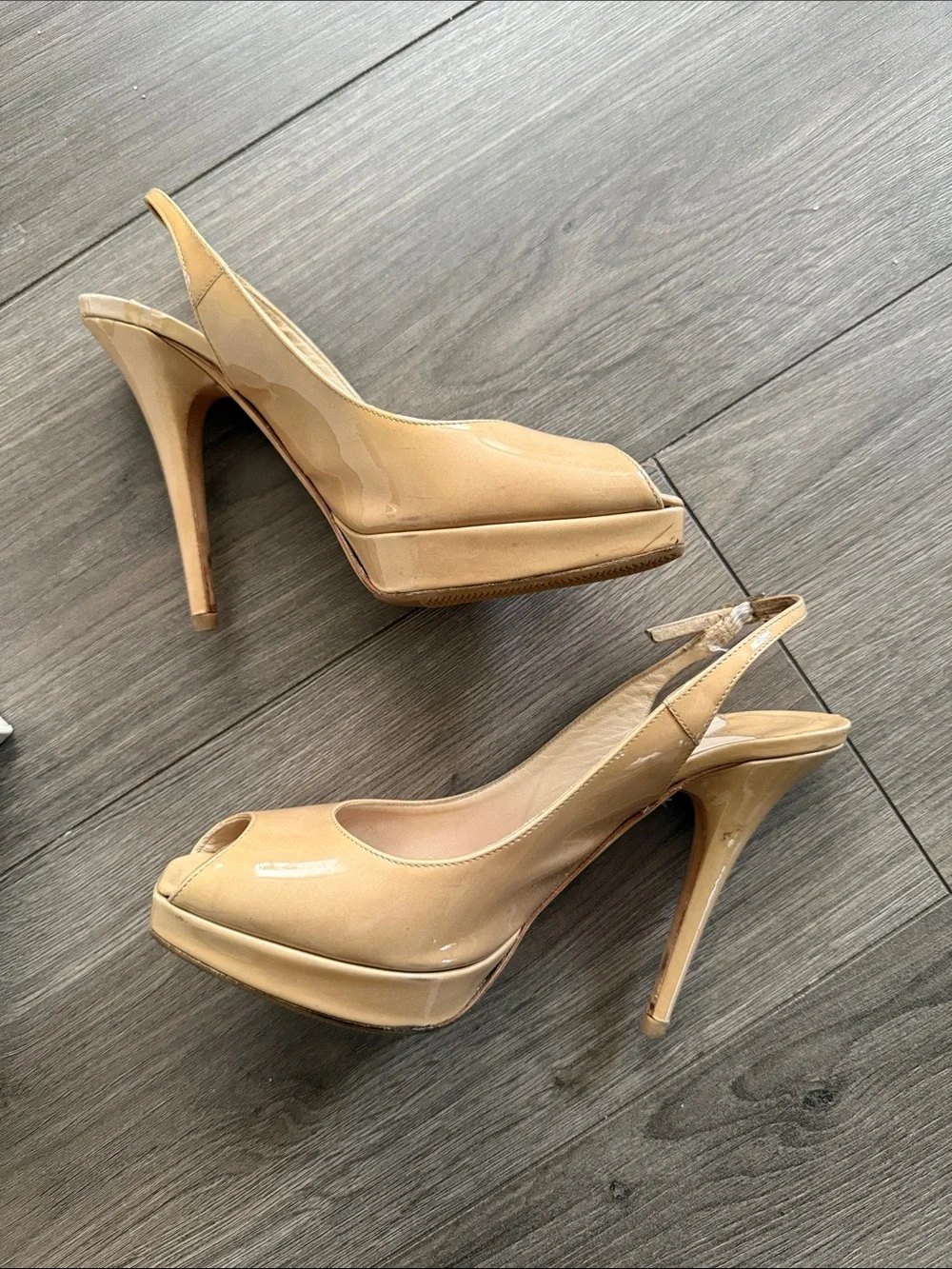 Jimmy Choo Beige Patent Leather Peep-Toe Heels